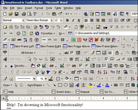 Screenshot of Microsoft Word with tens of toolbars activated
